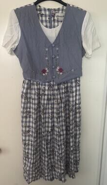 Vintage 90s Allison Che Blue Gingham Dirndl Dress 14P Embroidered Floral Design